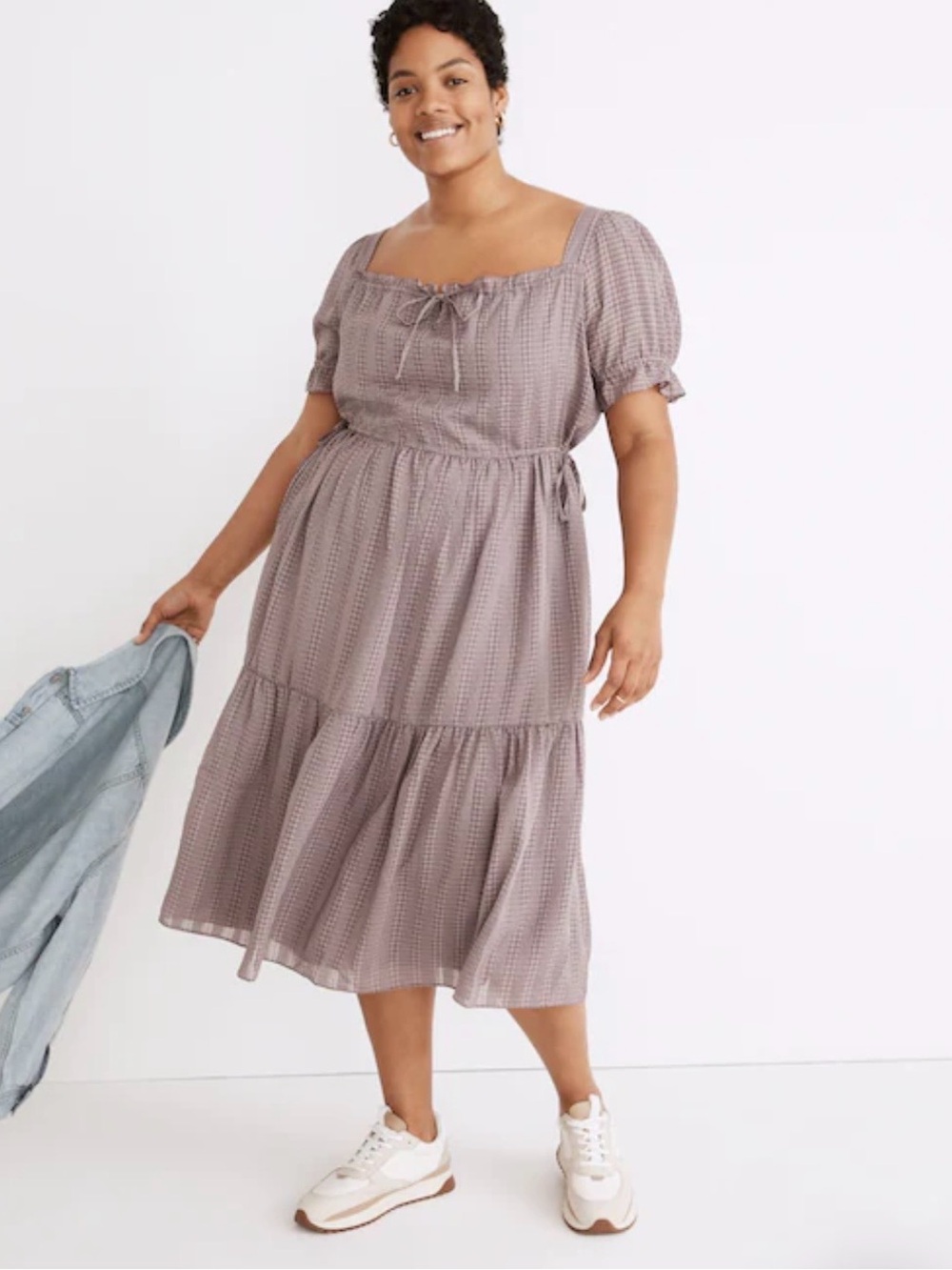 Madewell Square-Neck Tiered Midi Dress Textured Seersucker fig NE737 XL cottage